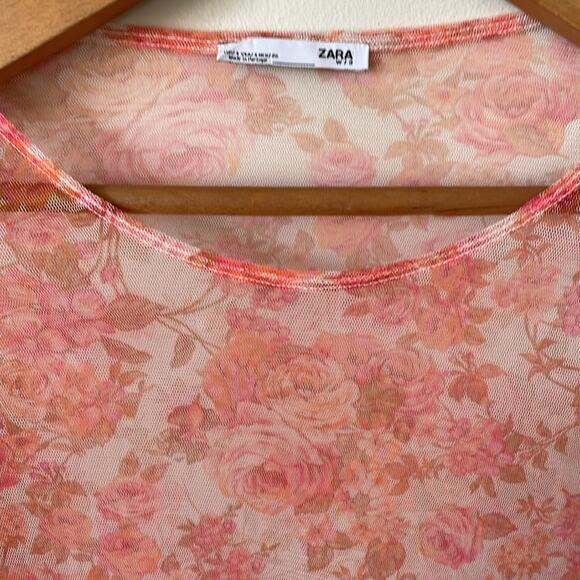 ZARA Sheet Floral Mesh Bubble Sleeve Crewneck Crop Top Size Small - Picture 2 of 4